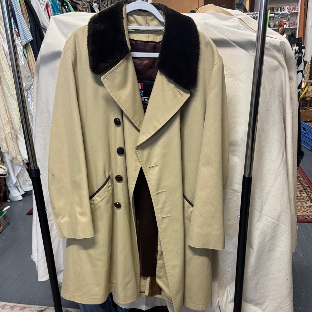 Men's Beige Overcoat with Brown faux fur Collar